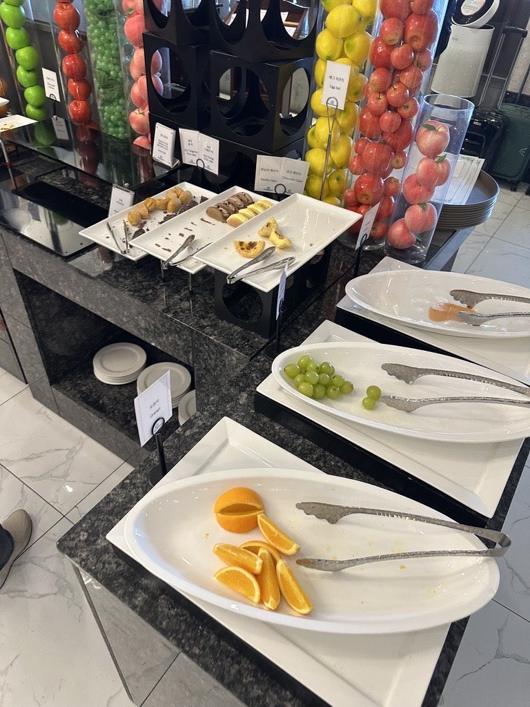 Fruit and dessert corner at the Dyne Oceano Hotel breakfast buffet